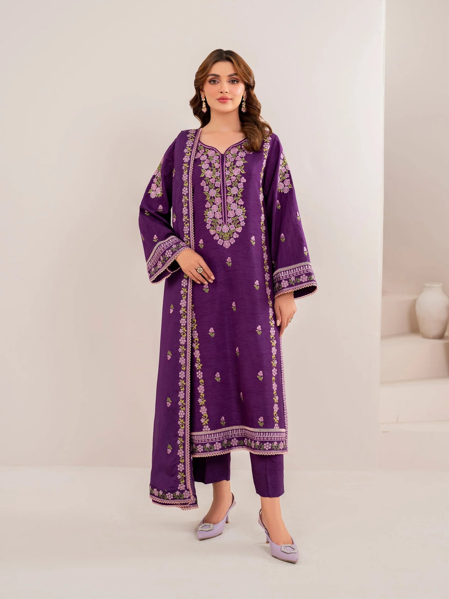GARNET-3PC LAWN EMBROIDERED SHIRT WITH CHIFFON EMBROIDERED DUPATTA AND TROUSER-UR-2566