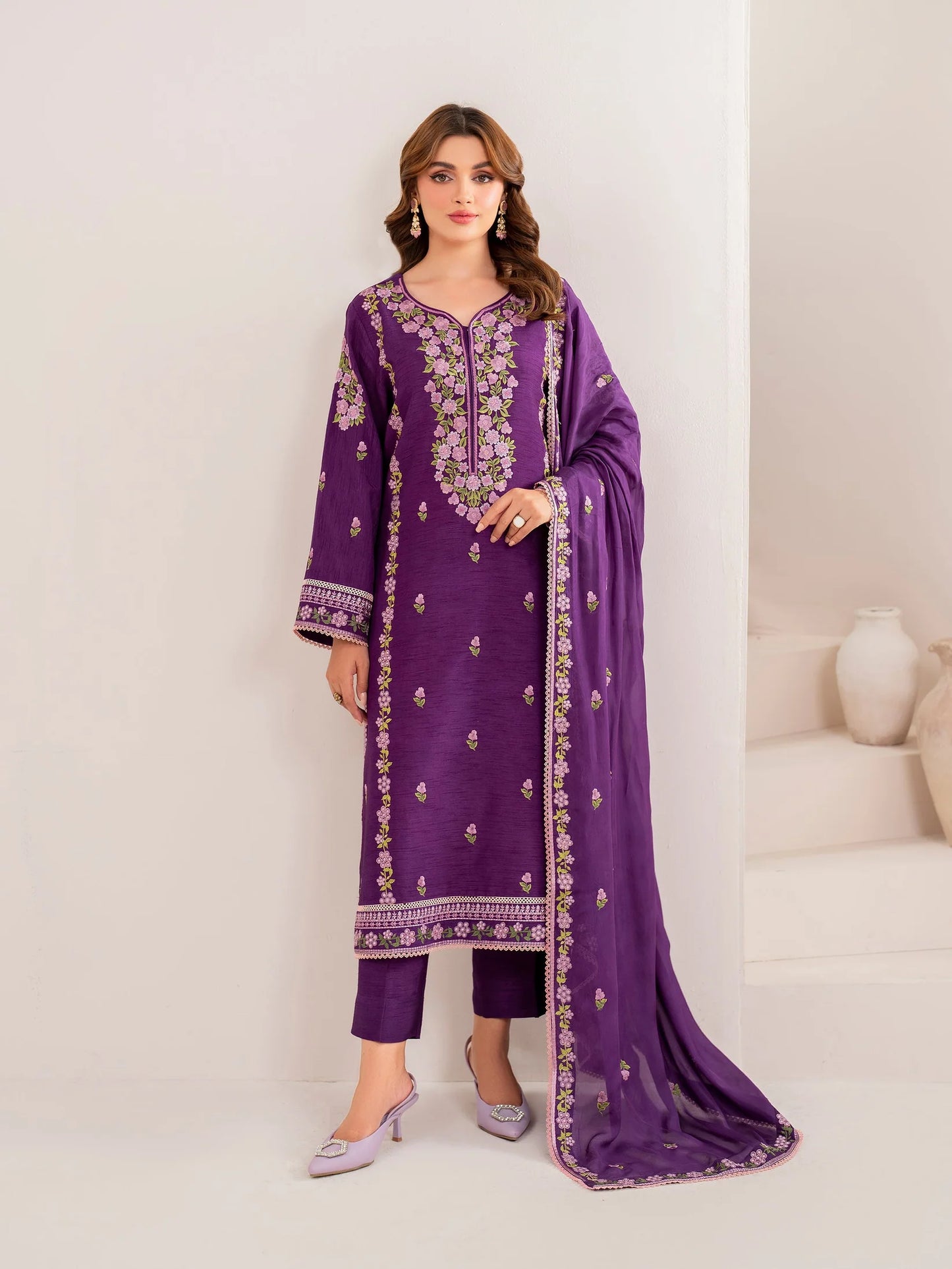 GARNET-3PC LAWN EMBROIDERED SHIRT WITH CHIFFON EMBROIDERED DUPATTA AND TROUSER-UR-2566