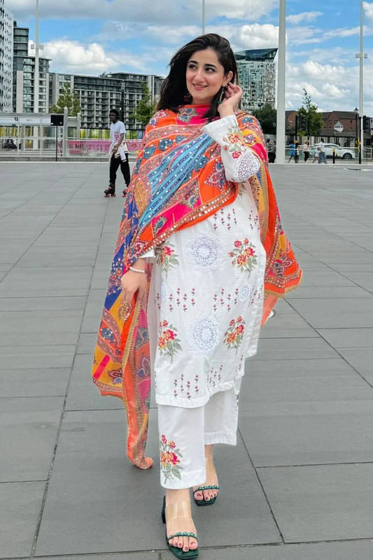 NIMRA MEHRA-3PC LAWN EMBROIDERED SHIRT WITH MONARK PRINTED DUPATTA & EMB TROUSER-UR-2500
