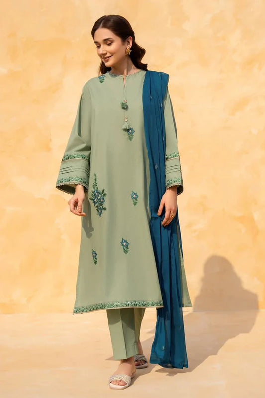 LAZULI-3PC LAWN EMBROIDERED SHIRT WITH CHIFFON EMBROIDERED DUPATTA AND TROUSER