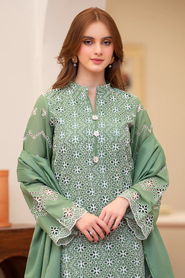 MIRAKHI-3PC LAWN CHIKENKARI EMBROIDERED SHIRT WITH LAWN TUBE SLUB DUPATTA-UR-2981