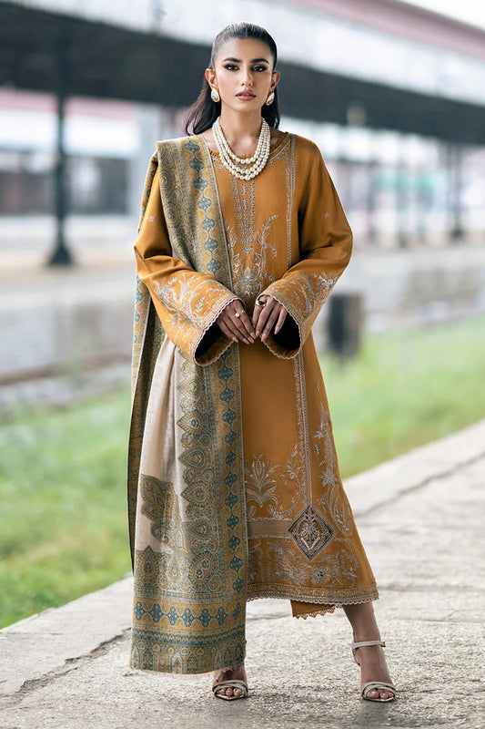 IZEL-3PC DHANAK EMBROIDERED SHIRT WITH COUTRAI PRINTED SHAWL & TROUSER-UR-3834