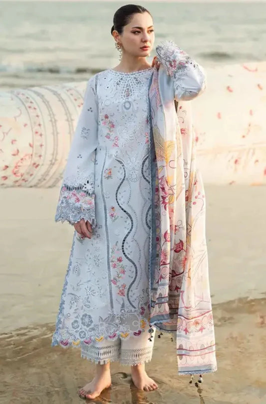 QALAMQAR - 3PC LAWN EMBROIDERED SHIRT WITH MONARK PRINTED DUPATTA AND TROUSER-UR-3251