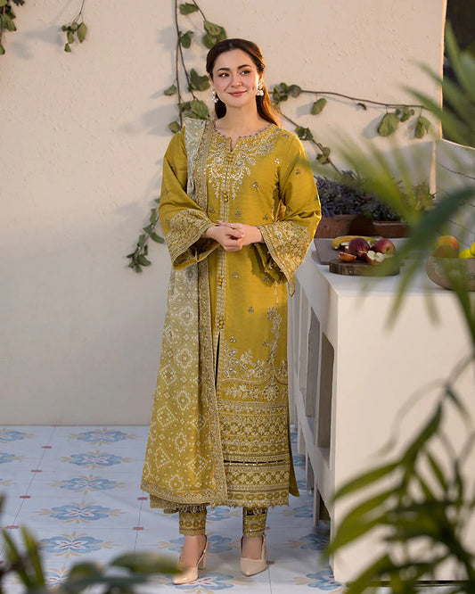 JADE-3PC LAWN EMBROIDERED SHIRT WITH MONARK PRINT DUPATTA & TROUSER-UR-3233