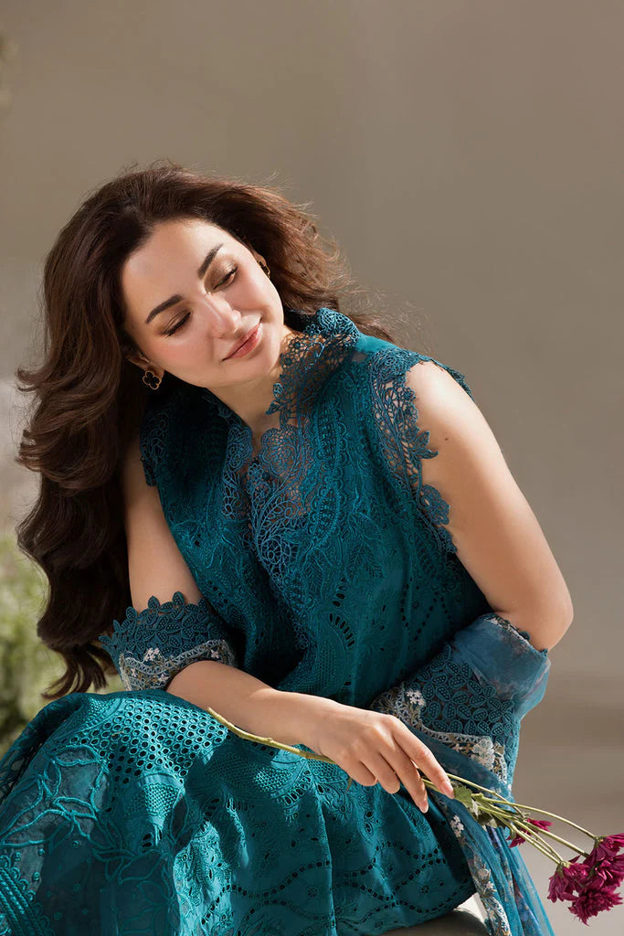 SOBIA NAZIR-3PC LAWN LASERCUT EMBROIDERED SHIRT WITH COTTON NET EMBROIDERED PRINT DUPATTA AND TROUSER-UR-2806