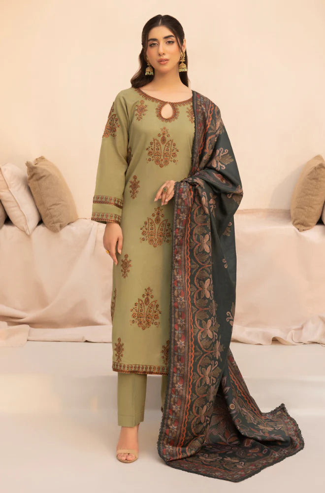 MOHAGNI.-3PC LAWN EMBROIDERED SHIRT WITH MONARK PRINT DUPATTA AND TROUSER-UR-2607