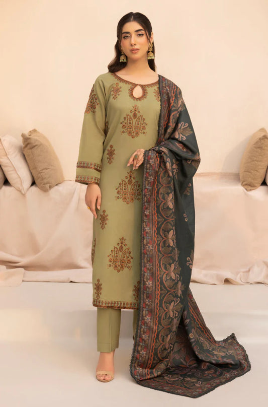 MOHAGNI.-3PC LAWN EMBROIDERED SHIRT WITH MONARK PRINT DUPATTA AND TROUSER-UR-2607