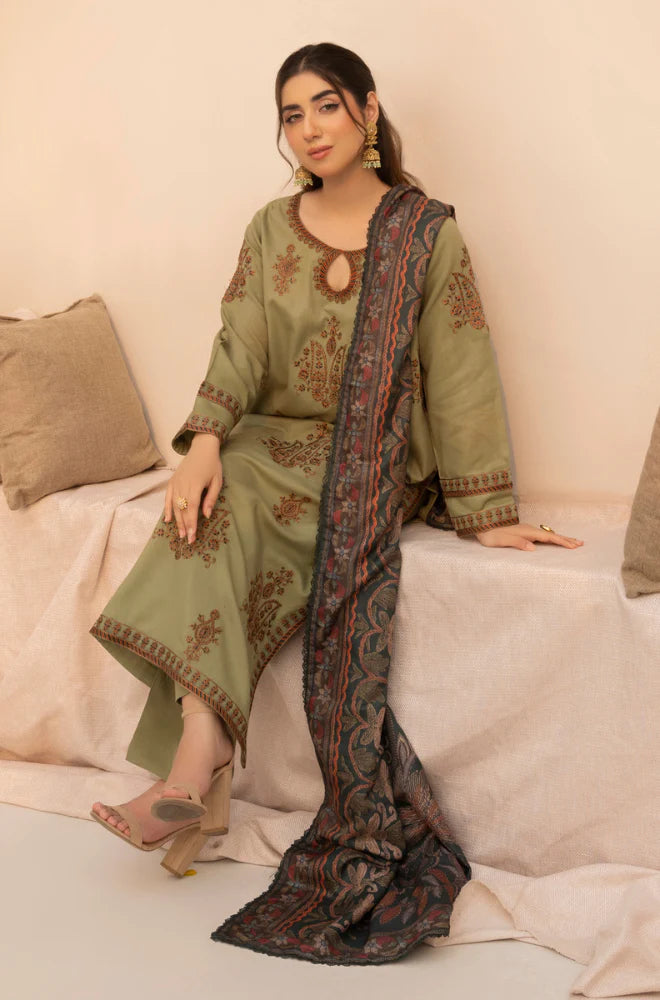 MOHAGNI.-3PC LAWN EMBROIDERED SHIRT WITH MONARK PRINT DUPATTA AND TROUSER-UR-2607