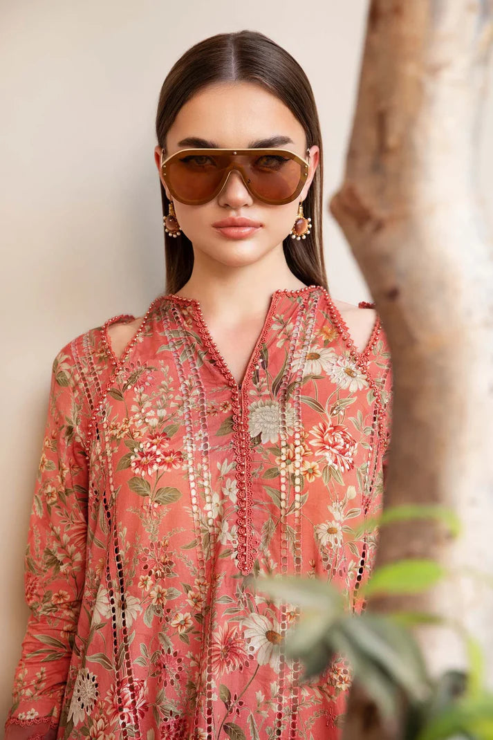 MARIA.B-3PC LAWN PRINTED EMB SHIRT WITH CHIFFON PRINT DUPATTA AND PRINT TROUSER-UR-2833