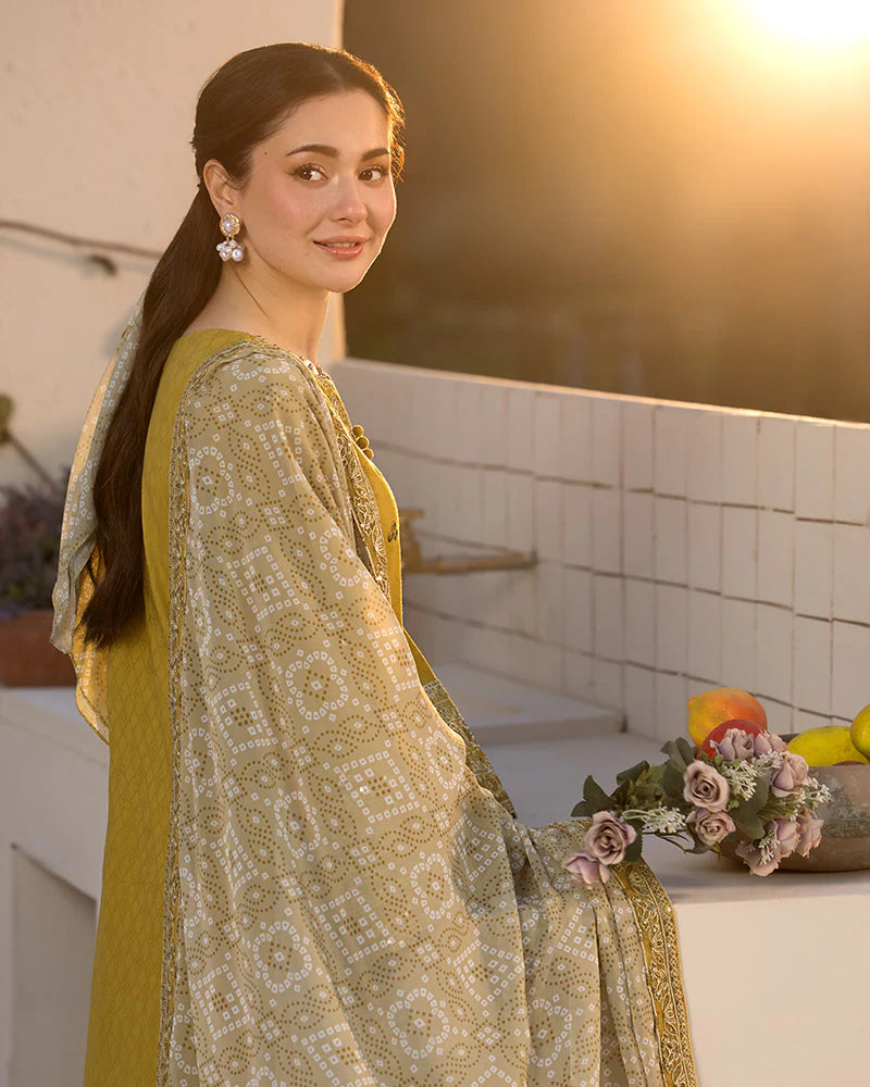 JADE-3PC LAWN EMBROIDERED SHIRT WITH MONARK PRINT DUPATTA & TROUSER-UR-3233