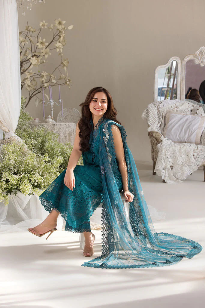 SOBIA NAZIR-3PC LAWN LASERCUT EMBROIDERED SHIRT WITH COTTON NET EMBROIDERED PRINT DUPATTA AND TROUSER-UR-2806