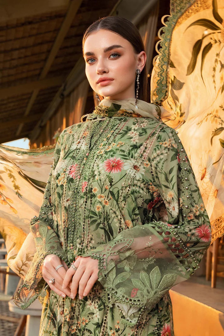 MARIA.B-3PC LAWN PRINTED EMB SHIRT WITH CHIFFON PRINT DUPATTA AND PRINT TROUSER-UR-2890