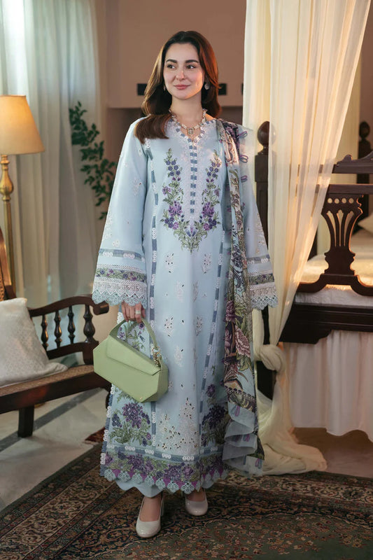 QALAMQAR-3PC LAWN EMBROIDERED SHIRT WITH MONARK PRINT DUAPATTA AND TROUSER-UR-2950