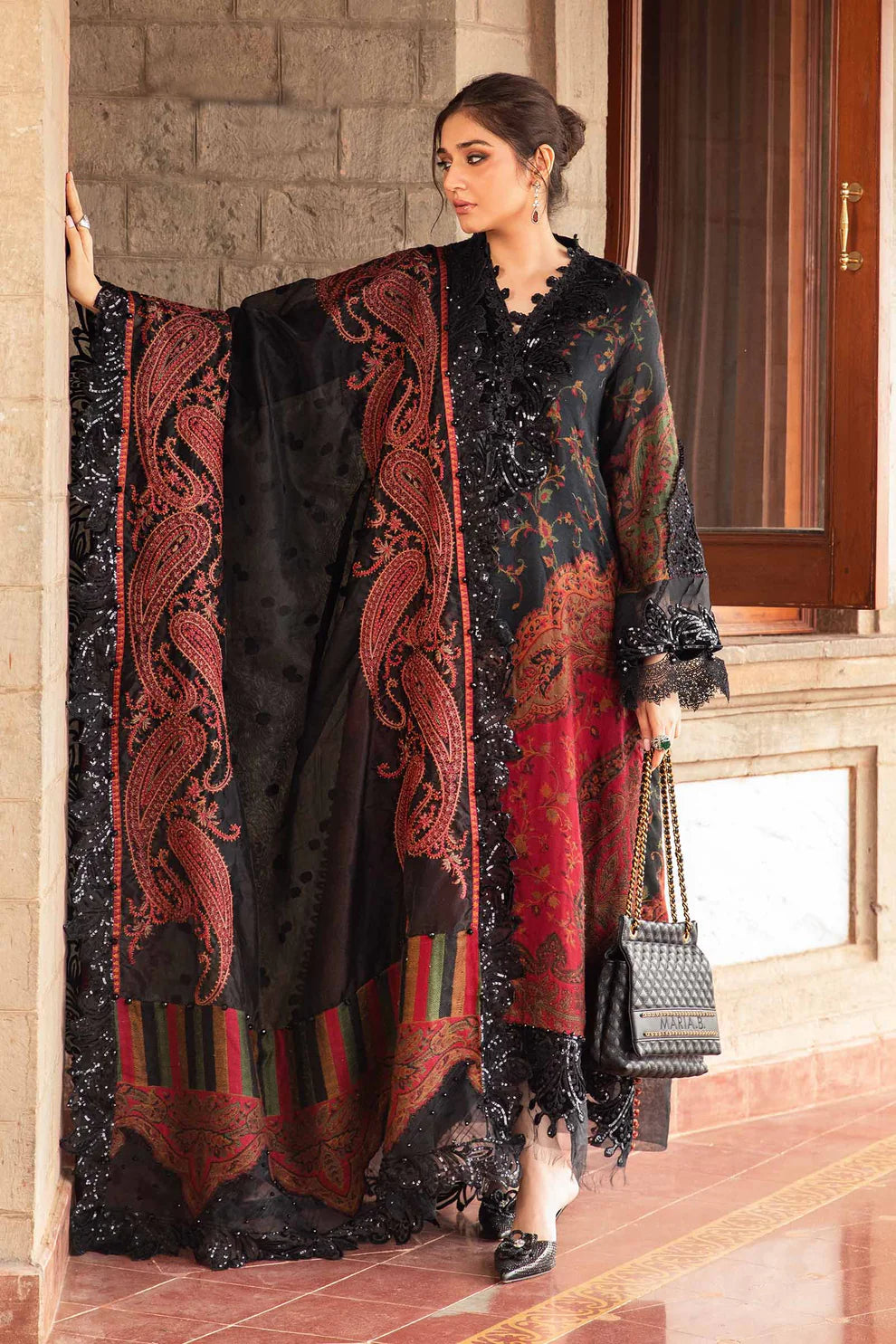 MARIA.B-3PC LAWN PRINTED EMB SHIRT WITH CHIFFON PRINT DUPATTA AND PRINT TROUSER-UR-3239
