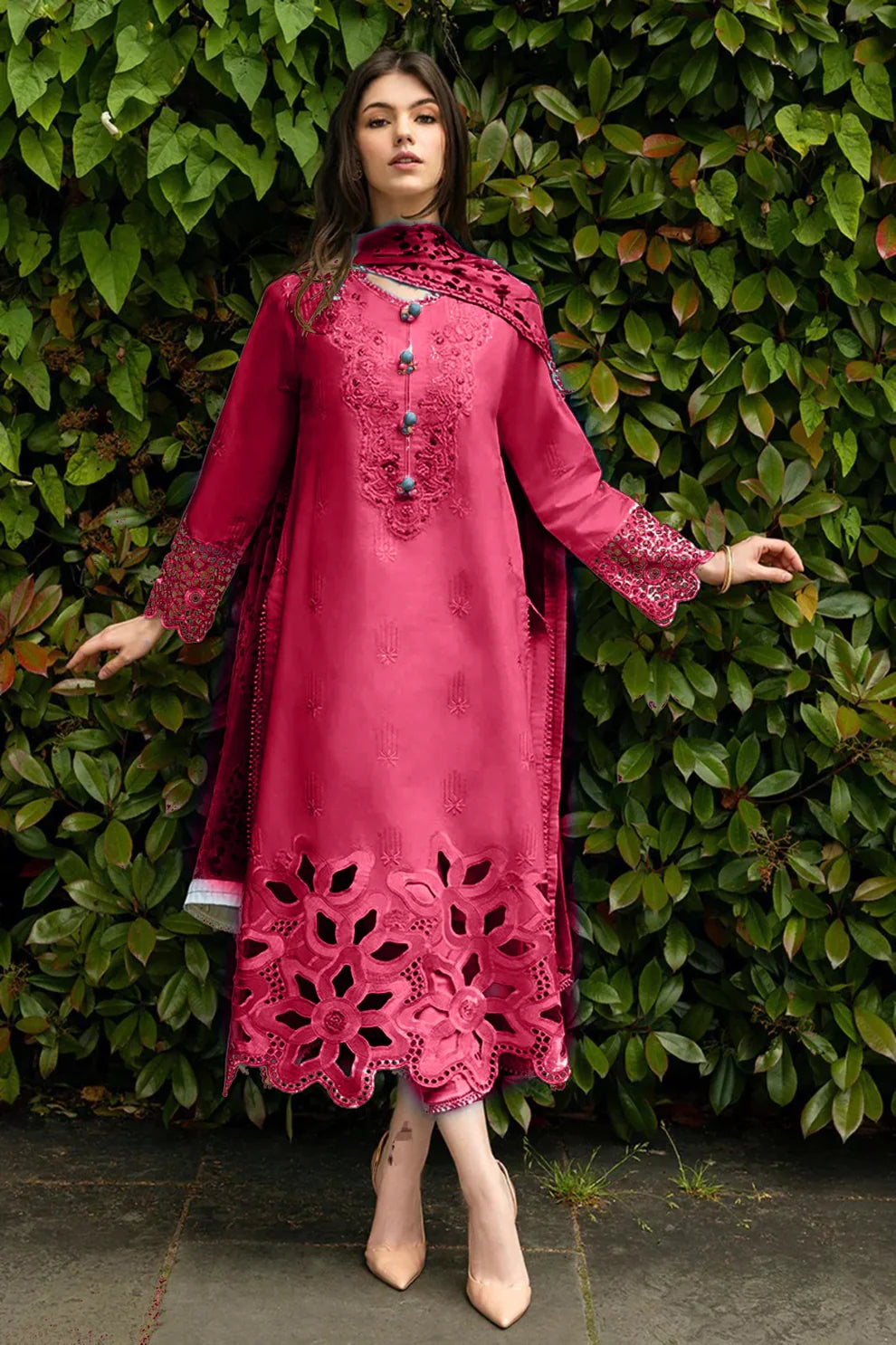 MUSHQ-3PC DHANAK EMBROIDERED SHIRT WITH WOOL PRINTED SHAWL & TROUSER-TBF-1932