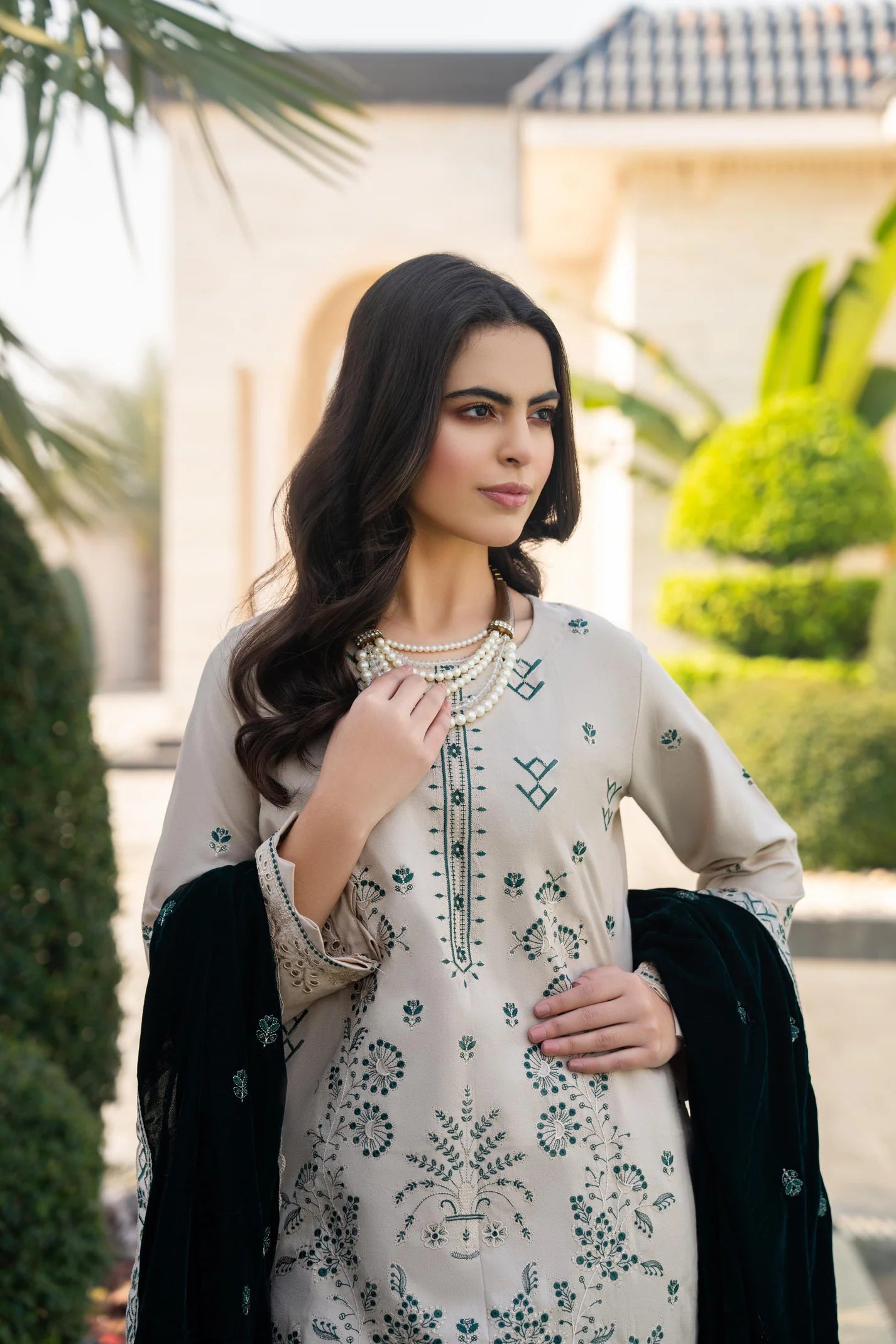 TANA BANA-3PC DHANAK EMBROIDERED SHIRT WITH VELVET EMBROIDERED READY TO WEAR SHAWL-TBF-1003