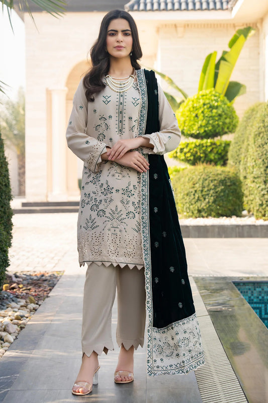 TANA BANA-3PC DHANAK EMBROIDERED SHIRT WITH VELVET EMBROIDERED READY TO WEAR SHAWL-TBF-1003