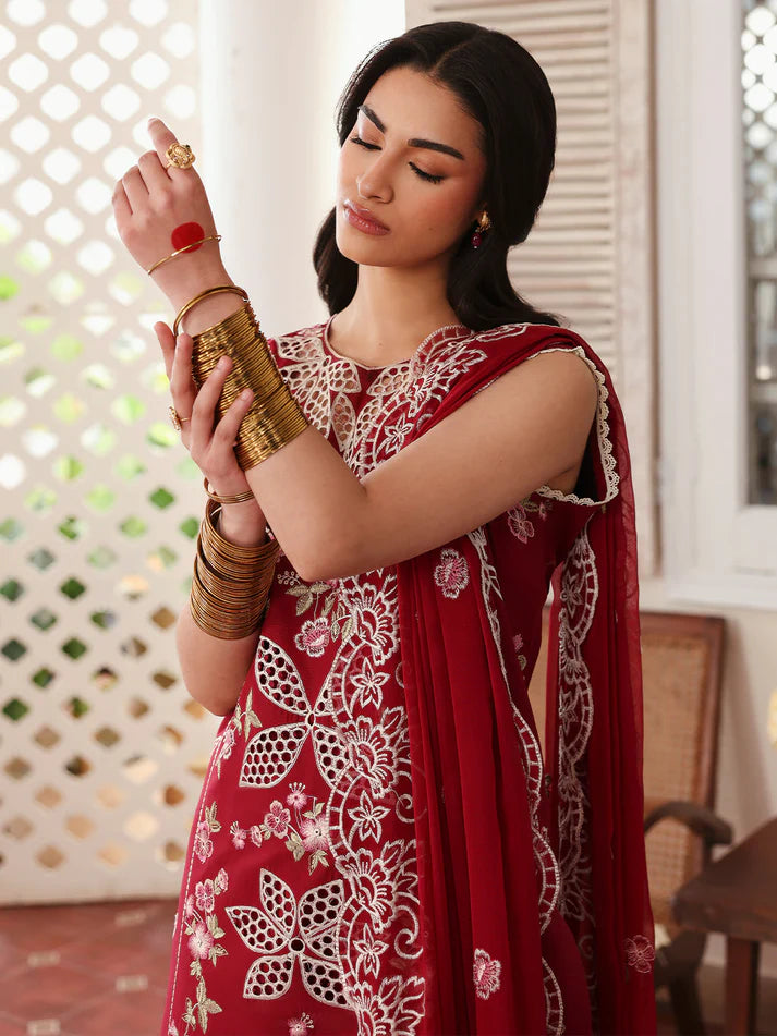 MAHNUR-3PC LAWN EMBROIDERED SHIRT WITH MONARK EMBROIDERED DUAPATTA AND TROUSER-UR-RE32