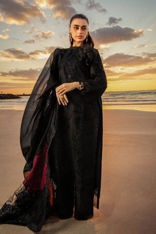 RANG RASIYA-3PC LAWN EMBROIDERED SHIRT WITH ORGANZA EMBROIDERED DUAPATTA AND TROUSER-UR-BLACK