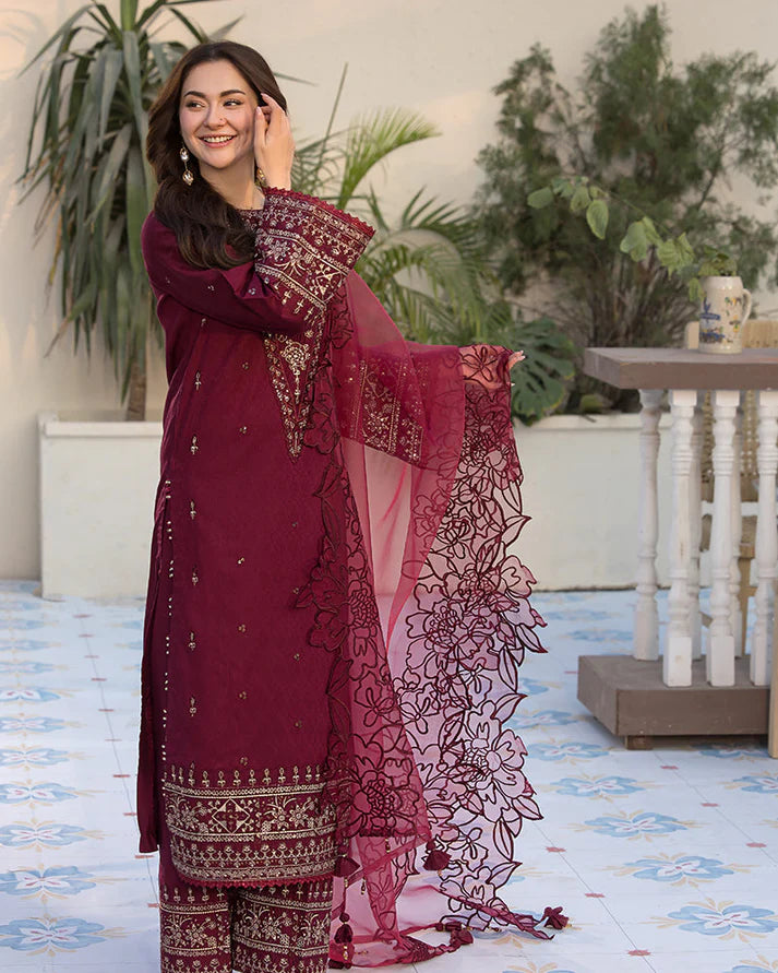 QALAMQAR-3PC LAWN EMBROIDERED SHIRT WITH ORGANZA EMBROIDERED DUAPATTA AND TROUSER-2927