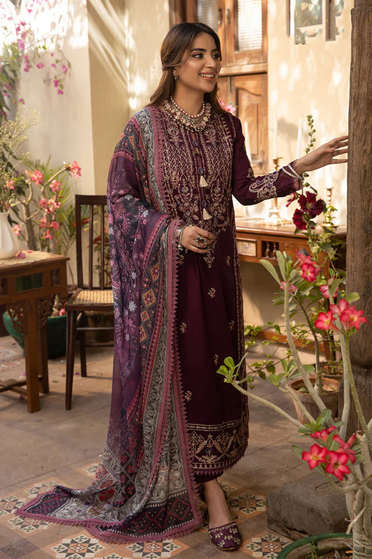 ASIM JOFA-3PC DHANAK EMBROIDRED SHIRT WITH COURTRAI PRINTED SHAWL AND TROUSER-UR-4131