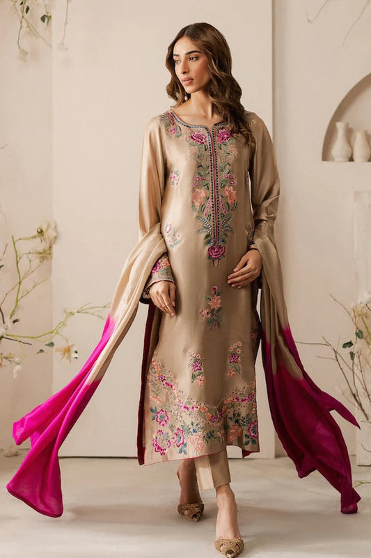 VINTAGE-3PC LAWN EMBROIDERED SHIRT WITH DYE & DYE CHIFFON DUPATTA AND TROUSER-UR-2583