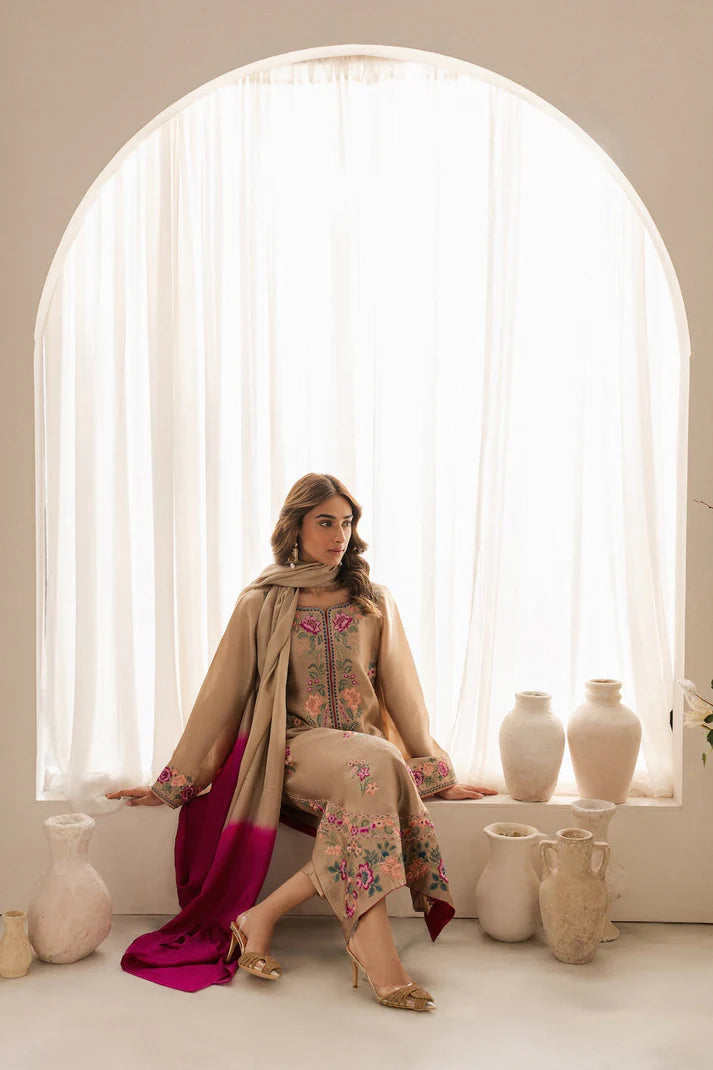 VINTAGE-3PC LAWN EMBROIDERED SHIRT WITH DYE & DYE CHIFFON DUPATTA AND TROUSER-UR-2583