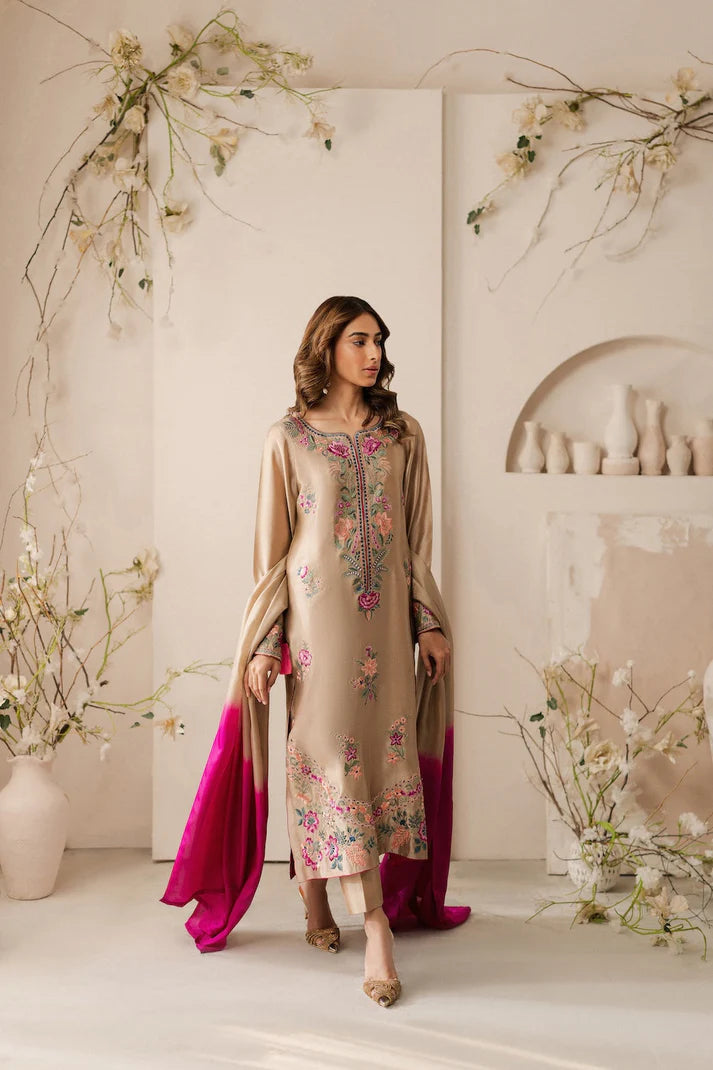 VINTAGE-3PC LAWN EMBROIDERED SHIRT WITH DYE & DYE CHIFFON DUPATTA AND TROUSER-UR-2583