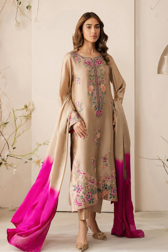 VINTAGE-3PC LAWN EMBROIDERED SHIRT WITH DYE & DYE CHIFFON DUPATTA AND TROUSER-UR-2583