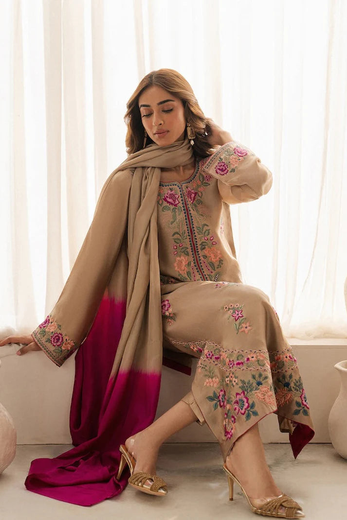 VINTAGE-3PC LAWN EMBROIDERED SHIRT WITH DYE & DYE CHIFFON DUPATTA AND TROUSER-UR-2583