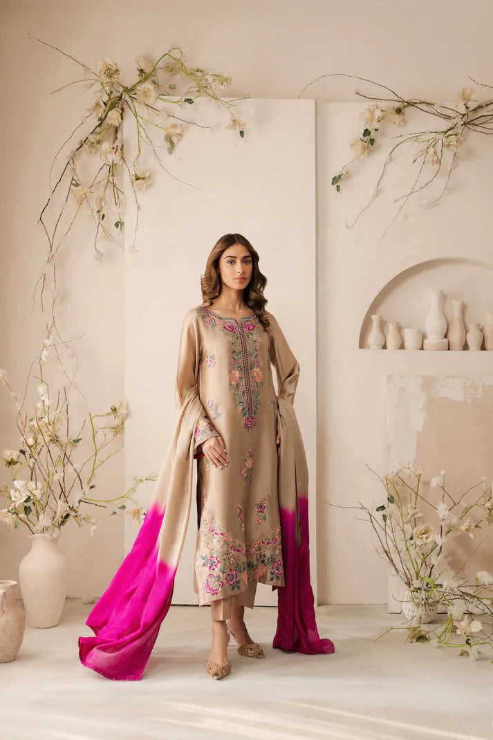 VINTAGE-3PC LAWN EMBROIDERED SHIRT WITH DYE & DYE CHIFFON DUPATTA AND TROUSER-UR-2583