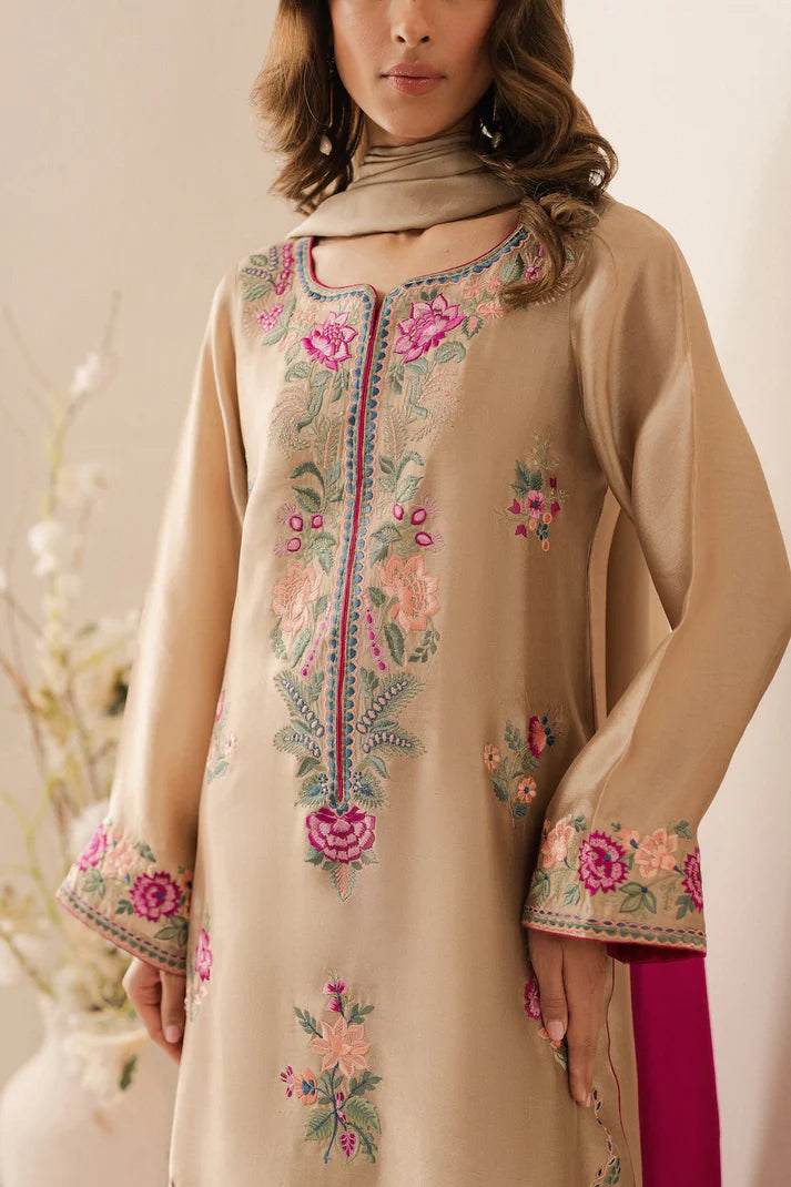 VINTAGE-3PC LAWN EMBROIDERED SHIRT WITH DYE & DYE CHIFFON DUPATTA AND TROUSER-UR-2583