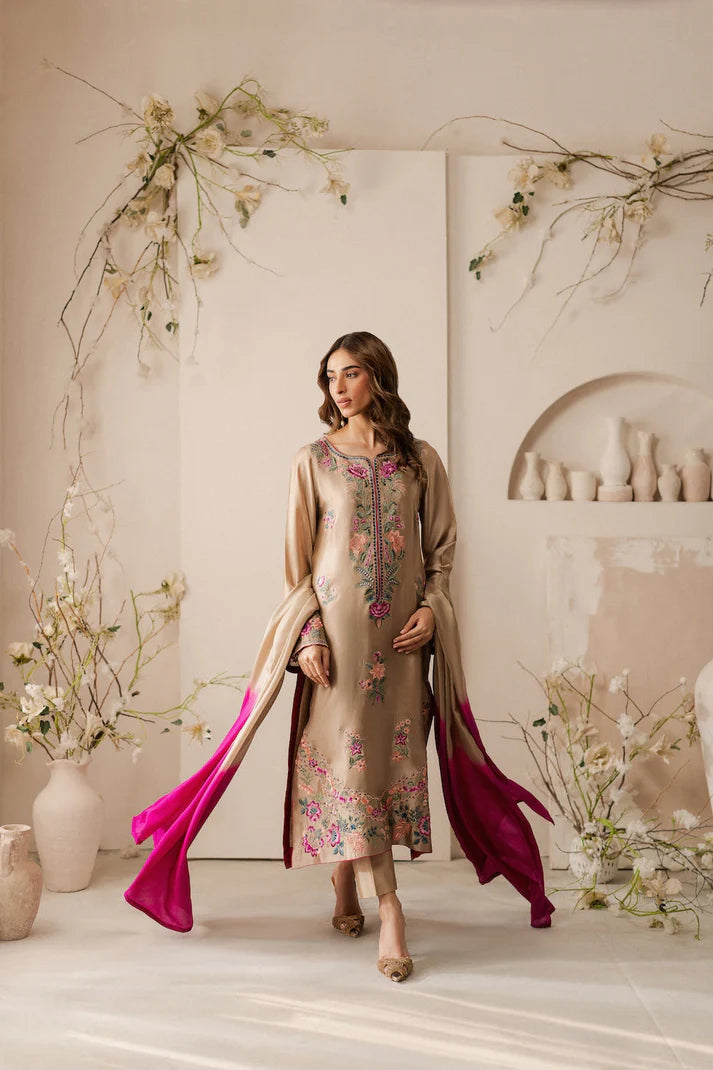 VINTAGE-3PC LAWN EMBROIDERED SHIRT WITH DYE & DYE CHIFFON DUPATTA AND TROUSER-UR-2583