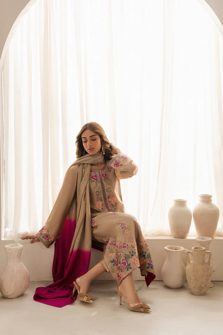 VINTAGE-3PC LAWN EMBROIDERED SHIRT WITH DYE & DYE CHIFFON DUPATTA AND TROUSER-UR-2583