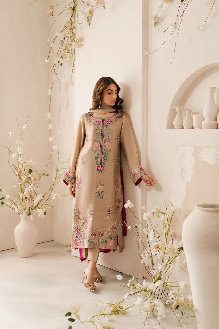 VINTAGE-3PC LAWN EMBROIDERED SHIRT WITH DYE & DYE CHIFFON DUPATTA AND TROUSER-UR-2583