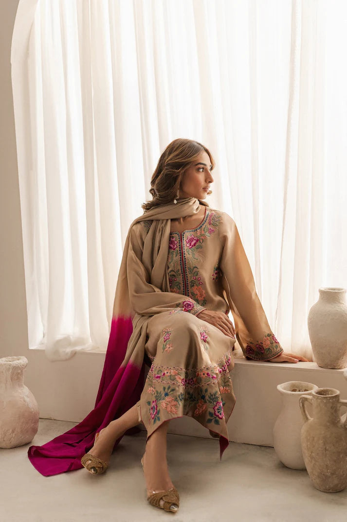 VINTAGE-3PC LAWN EMBROIDERED SHIRT WITH DYE & DYE CHIFFON DUPATTA AND TROUSER-UR-2583