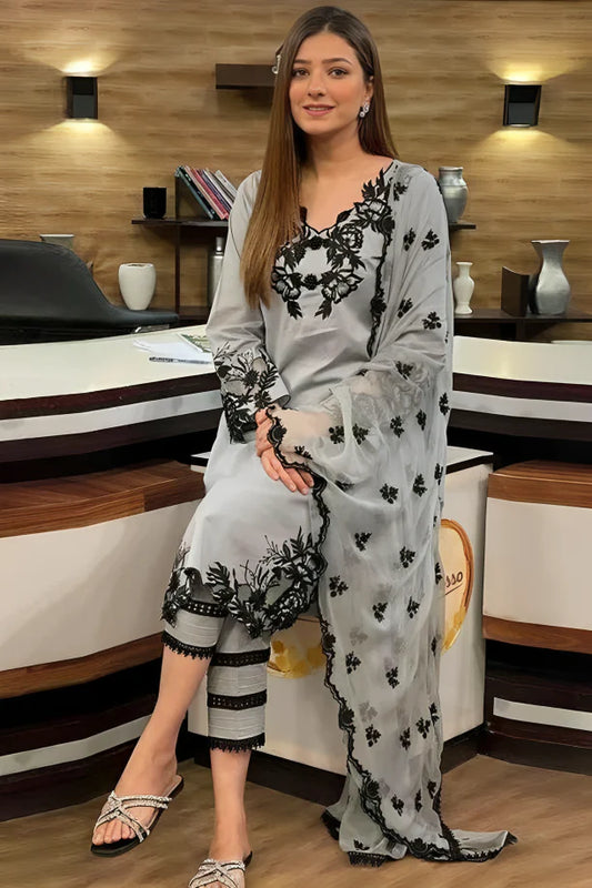 MARIA-B -3PC LAWN EMBROIDERED SHIRT WITH ORGANZA EMBROIDERED DUPATTA AND TROUSER-UR-2585