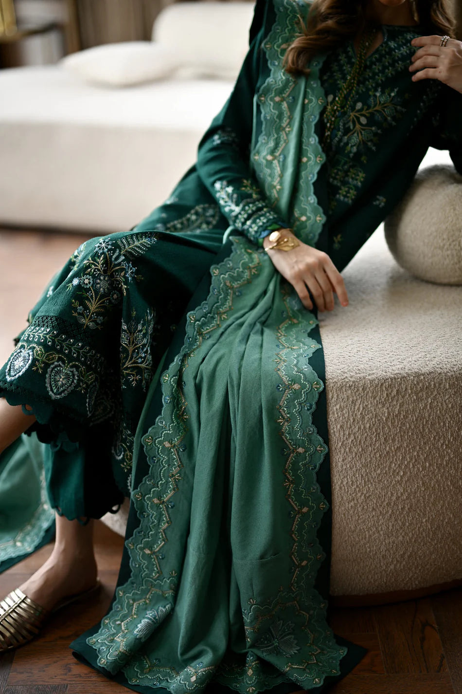 BATIK-3PC KARANDI EMBROIDERED SHIRT WITH DHANAK EMBROIDERED SHAWL AND TROUSER-UR-4086