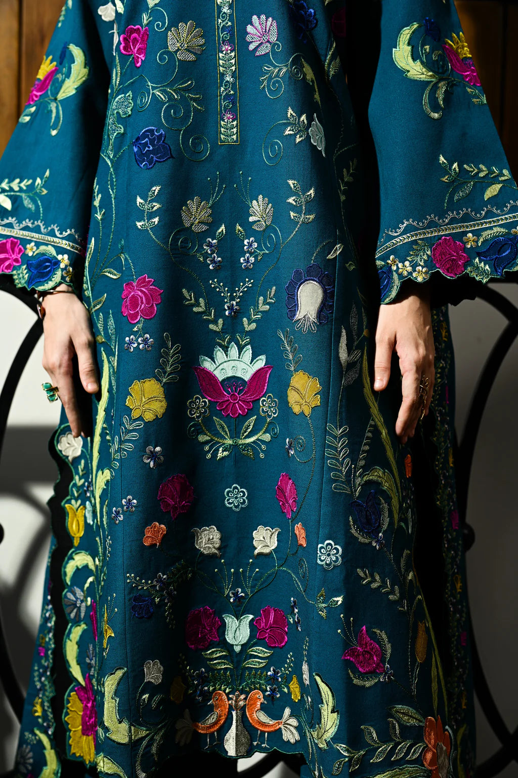 ZAIB-3PC DHANAK EMBROIDERED SHIRT WITH DHANAK EMBROIDERED SHAWL AND TROUSER-UR-4542