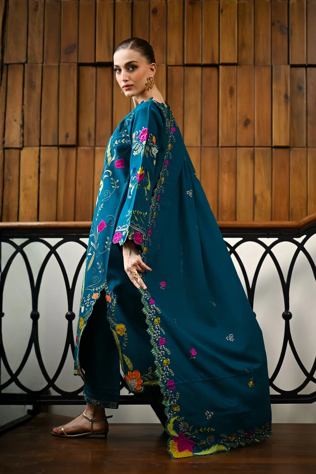 ZAIB-3PC DHANAK EMBROIDERED SHIRT WITH DHANAK EMBROIDERED SHAWL AND TROUSER-UR-4542