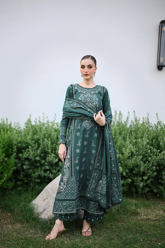 ZAIB-3PC DHANAK EMBROIDERED SHIRT WITH DHANAK EMBROIDERED SHAWL AND TROUSER-UR-4622