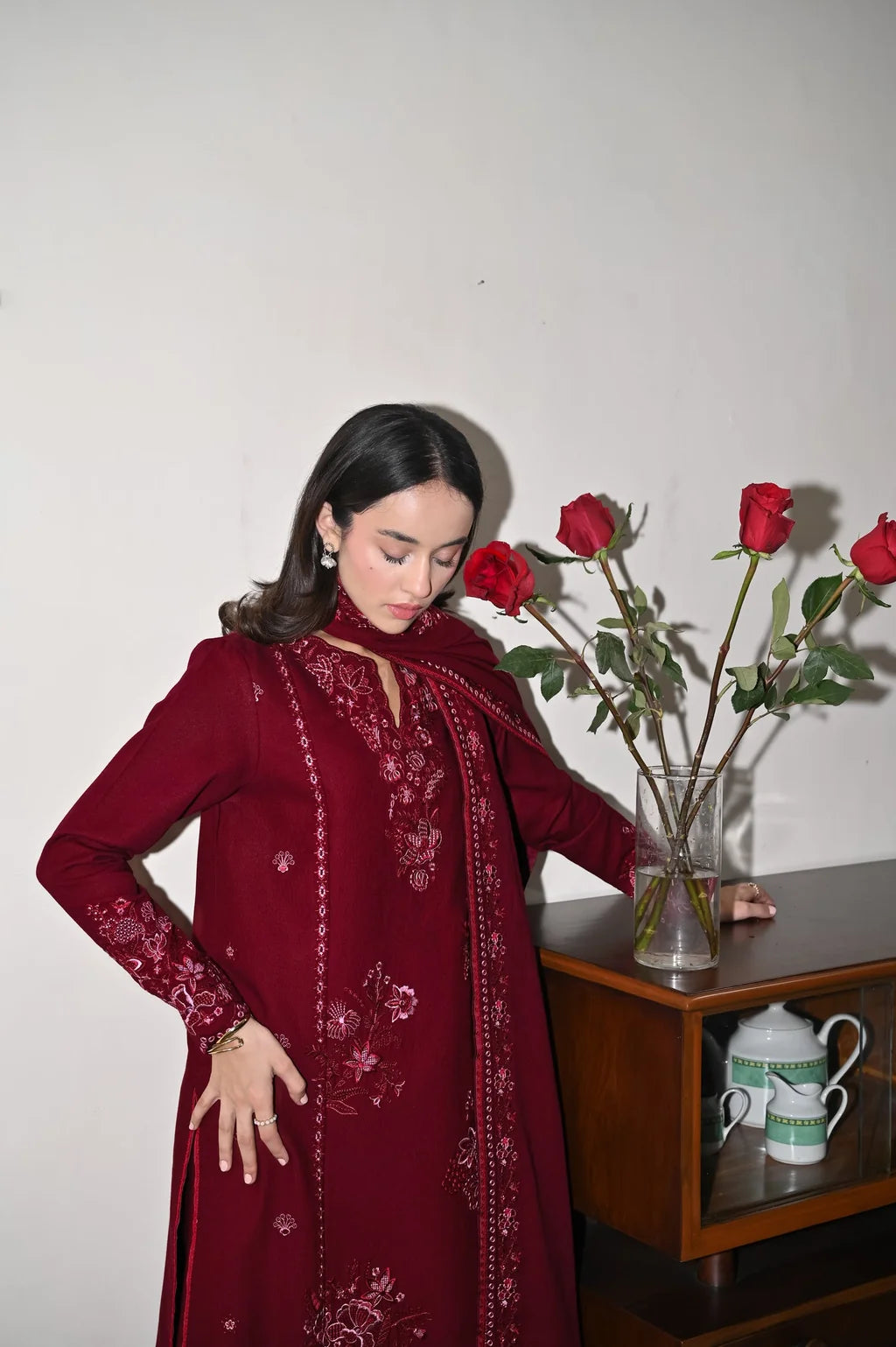 ZAIB-3PC DHANAK EMBROIDERED SHIRT WITH DHANAK EMBROIDERED SHAWL AND TROUSER-UR-4620