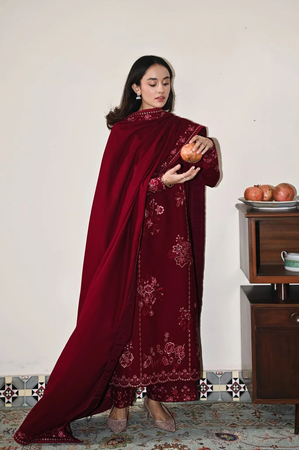 ZAIB-3PC DHANAK EMBROIDERED SHIRT WITH DHANAK EMBROIDERED SHAWL AND TROUSER-UR-4620
