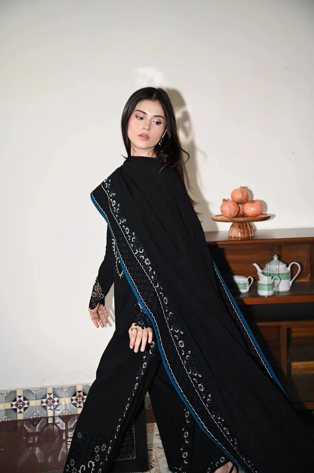 ZAIB-3PC DHANAK EMBROIDERED SHIRT WITH DHANAK EMBROIDERED SHAWL AND TROUSER-UR-4380