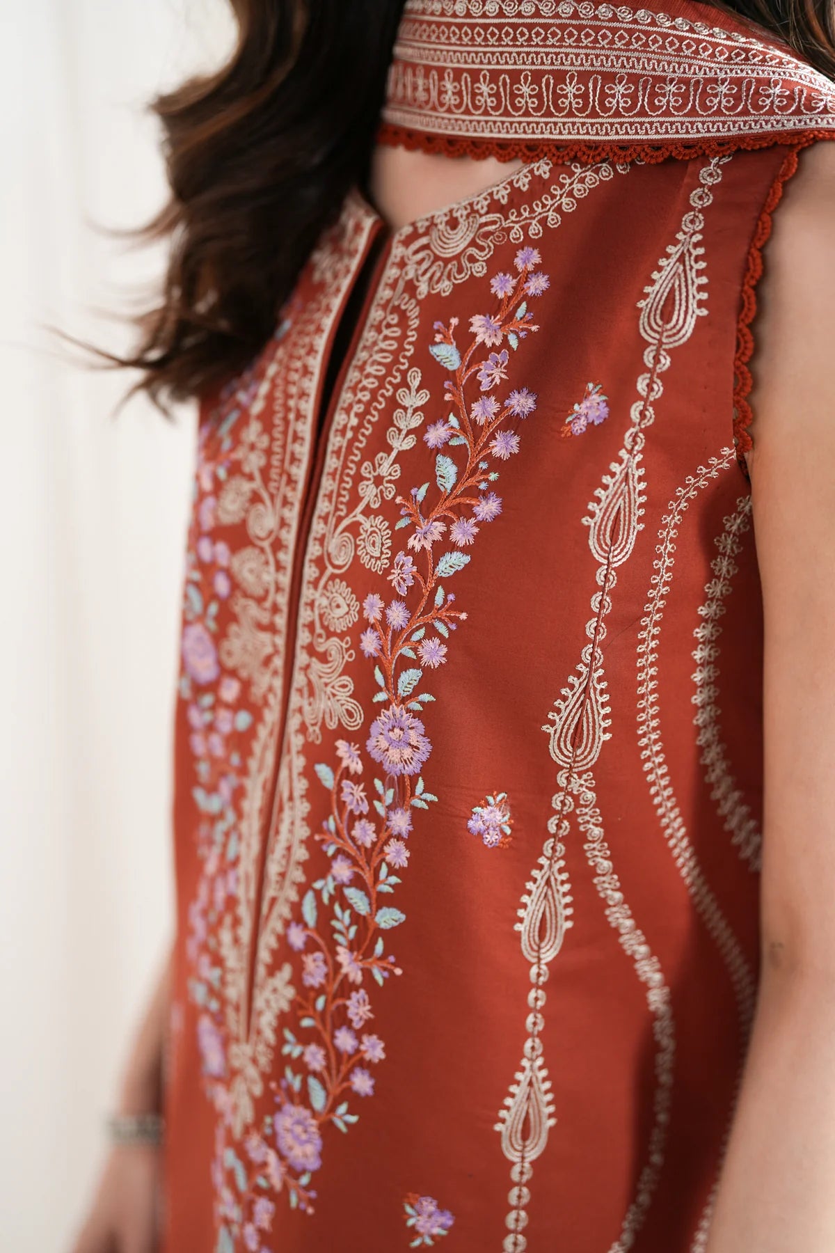 ZAIB-3PC DHANAK EMBROIDERED SHIRT WITH DHANAK EMBROIDERED SHAWL AND EMB TROUSER-UR-4611