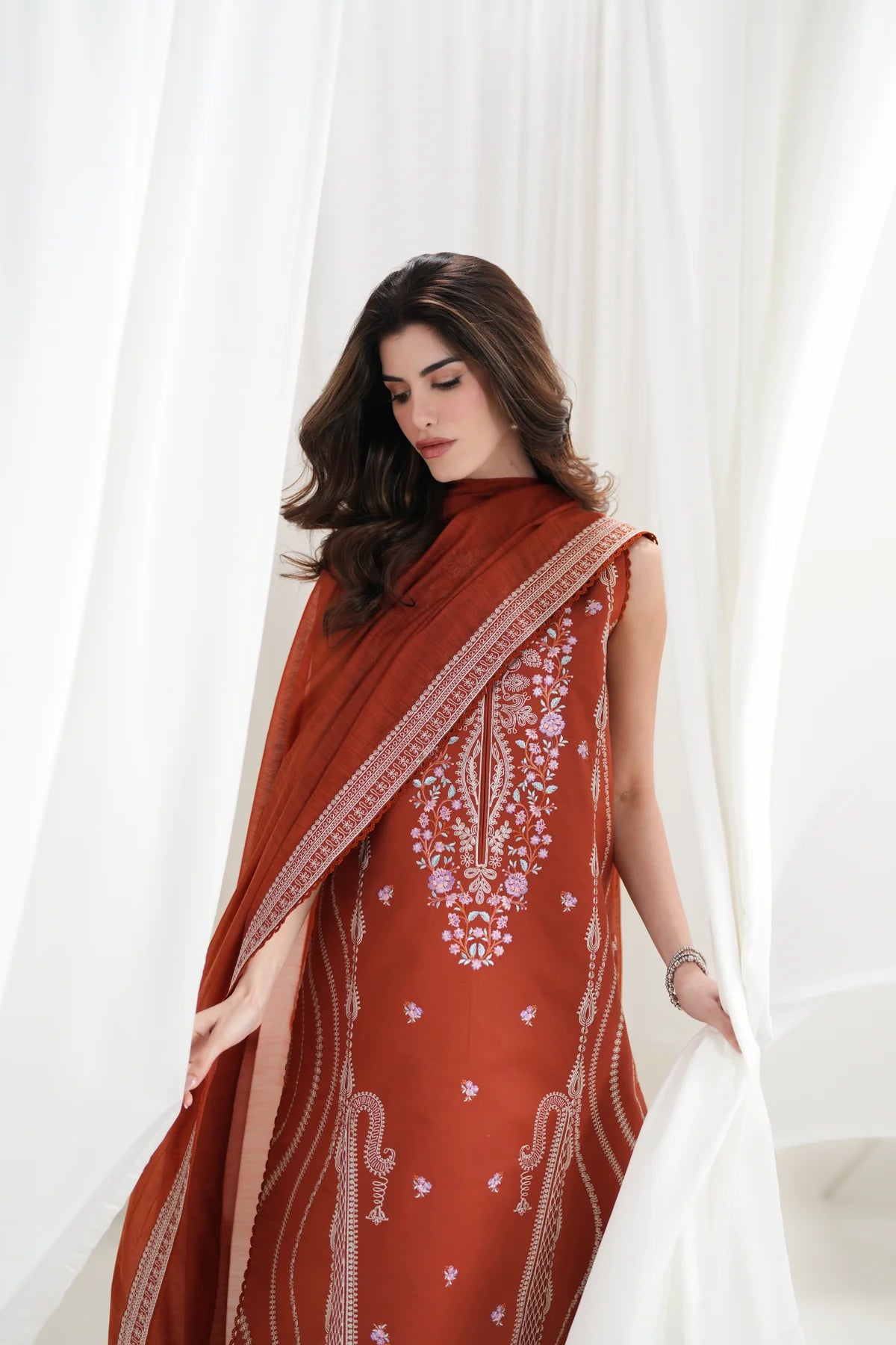 ZAIB-3PC DHANAK EMBROIDERED SHIRT WITH DHANAK EMBROIDERED SHAWL AND EMB TROUSER-UR-4611