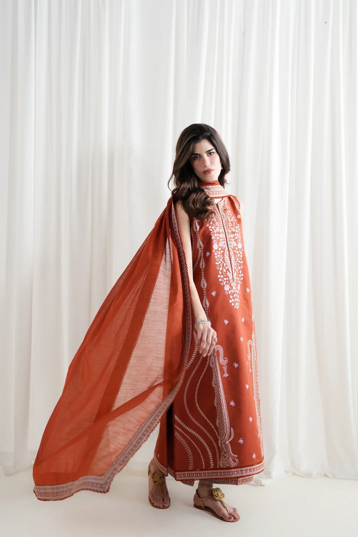 ZAIB-3PC DHANAK EMBROIDERED SHIRT WITH DHANAK EMBROIDERED SHAWL AND EMB TROUSER-UR-4611
