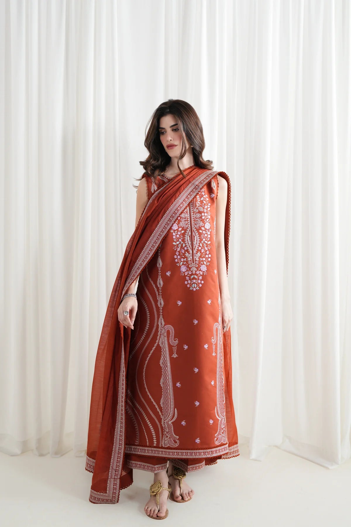 ZAIB-3PC DHANAK EMBROIDERED SHIRT WITH DHANAK EMBROIDERED SHAWL AND EMB TROUSER-UR-4611