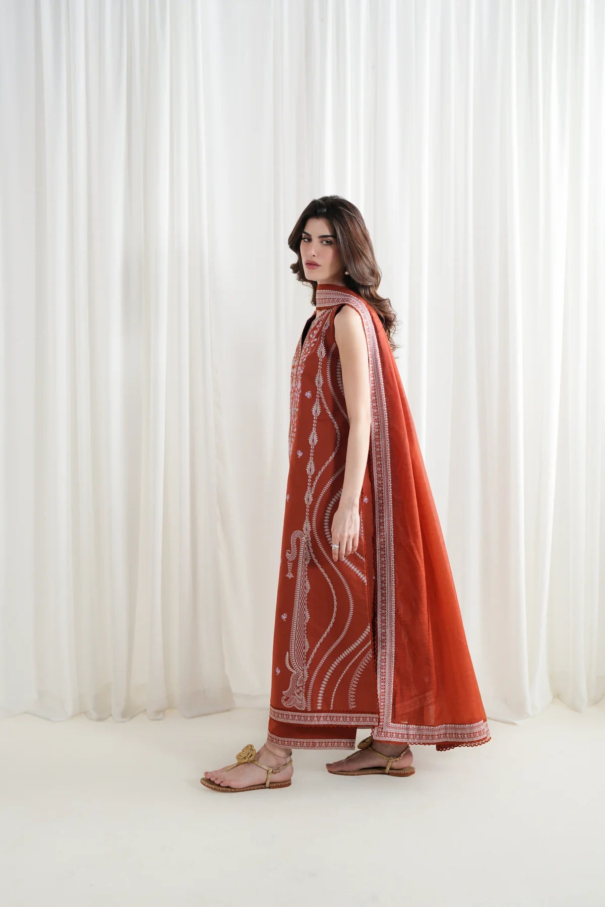 ZAIB-3PC DHANAK EMBROIDERED SHIRT WITH DHANAK EMBROIDERED SHAWL AND EMB TROUSER-UR-4611