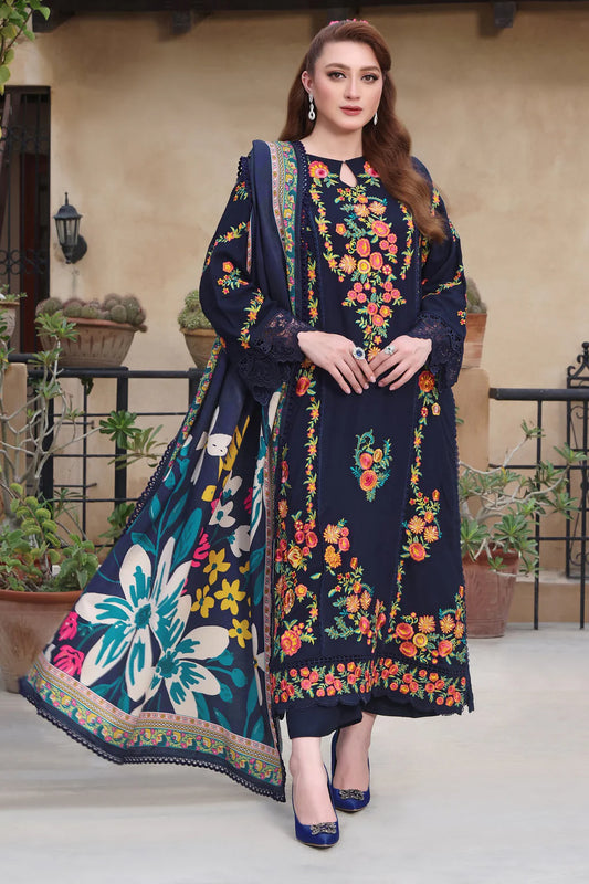 ASIM JOFA-3PC DHANAK EMBROIDERED SHIRT WITH COURTRAI PRINTED SHAWL & TROUSER -UR-4073